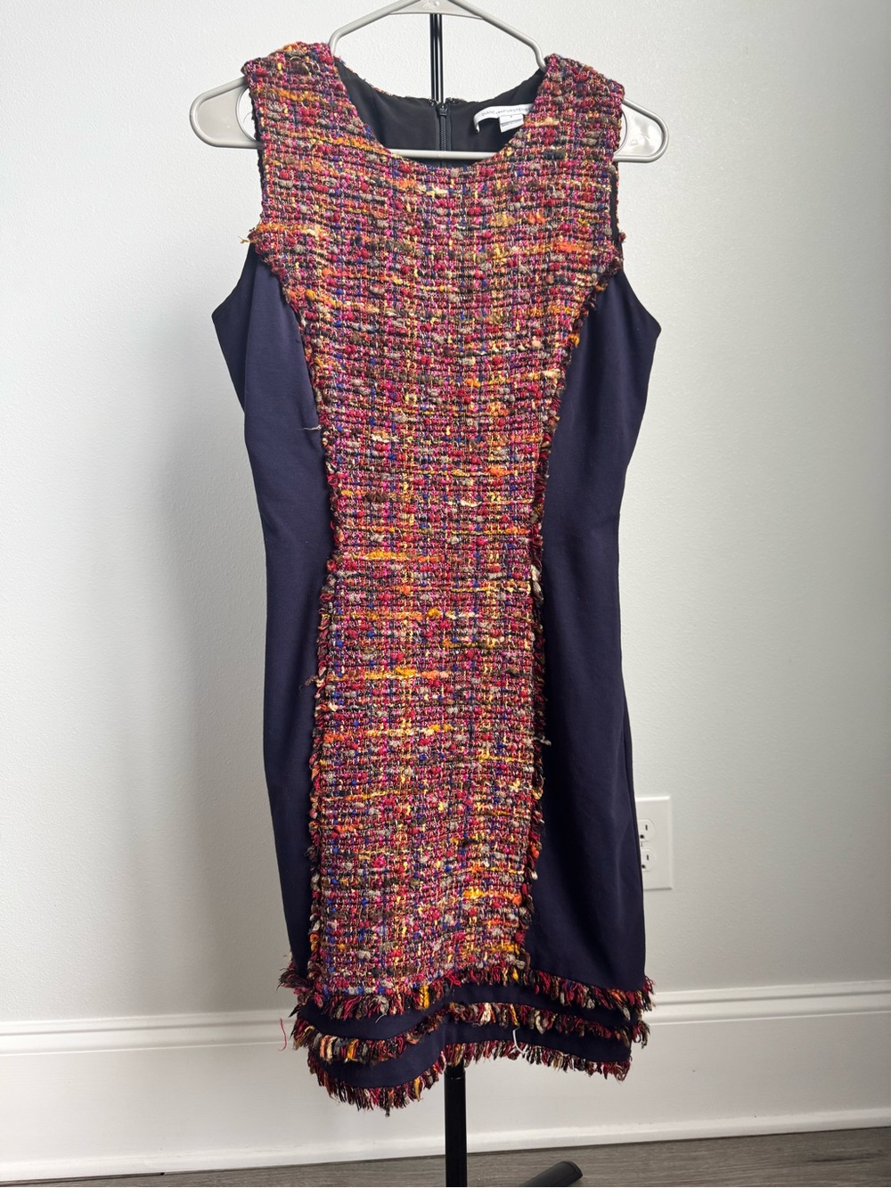 Diane von Furstenberg Jacey Tweed Sheath Dress Navy Multi Color Fringe Frayed 6